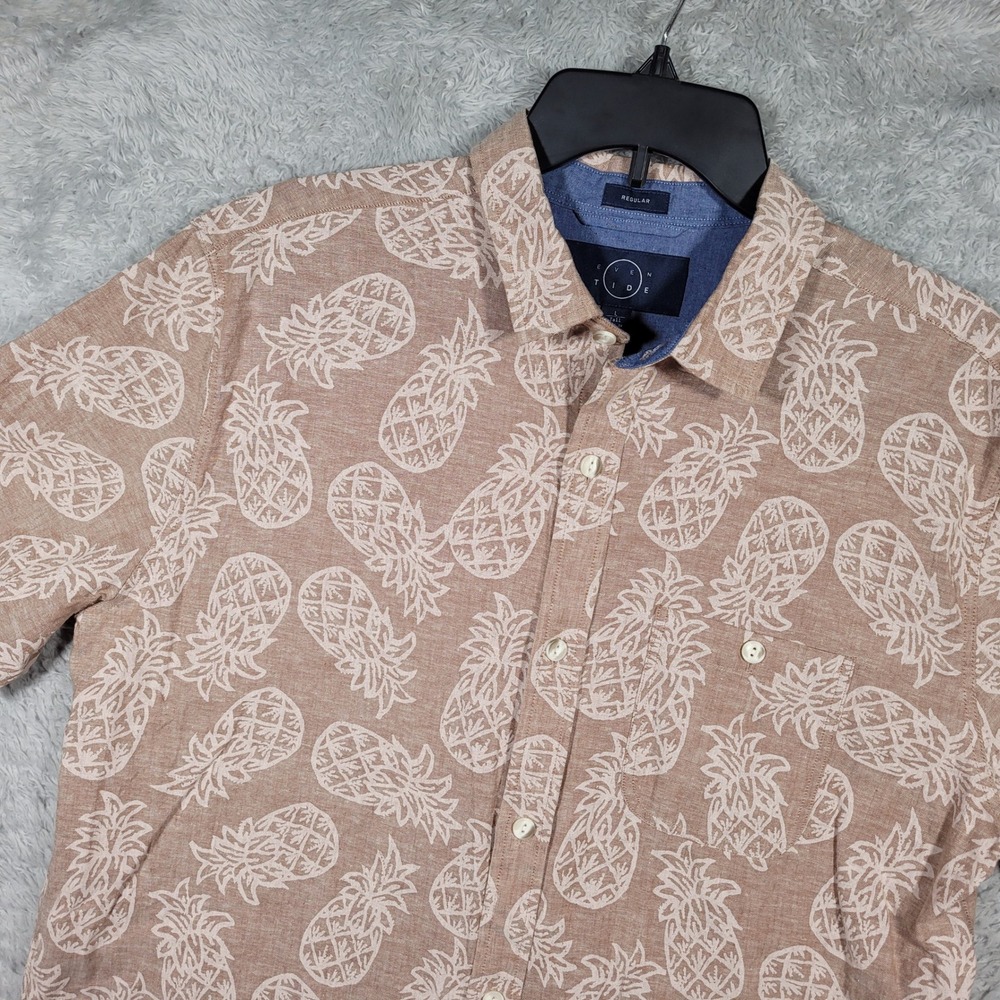 Even Tide Button Down Shirt Mens L Tall Tan Pineapple Print Linen Cotton Blend
